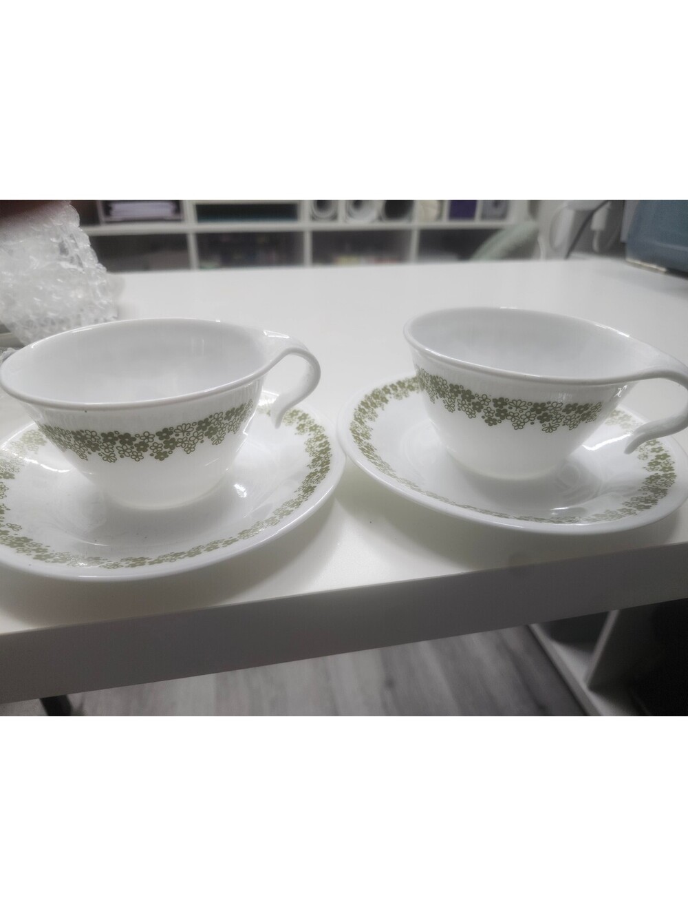 Corelle Vintage White Teacup and Saucer Set with Green Floral Pattern - Set of 2